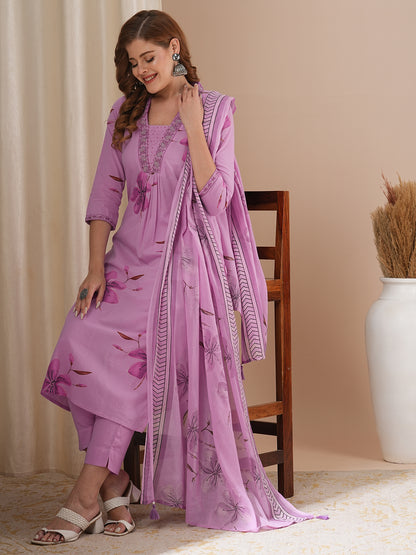 Abstract Floral Printed Straight Fit Kurta with Pant and Dupatta - Lavender