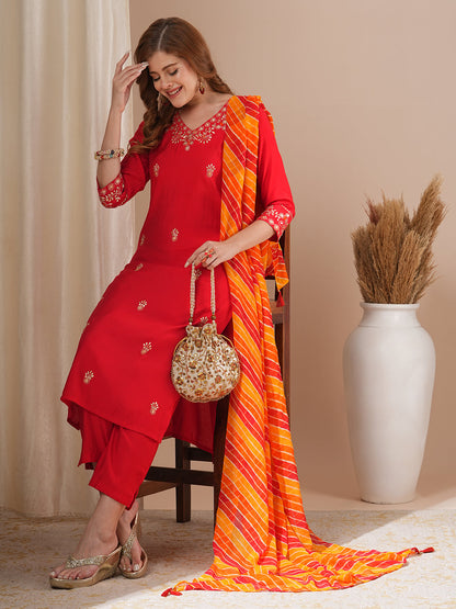 Solid Floral Pitthan Embroidered Straight Kurta with Pant & Leheriya Dupatta - Red