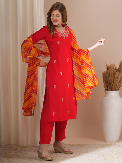 Solid Floral Pitthan Embroidered Straight Kurta with Pant & Leheriya Dupatta - Red