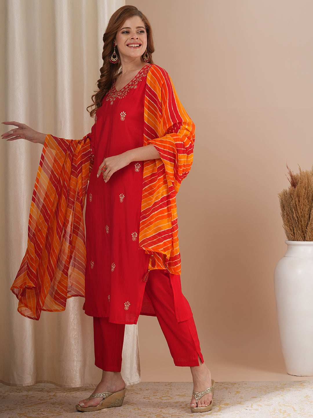 Solid Floral Pitthan Embroidered Straight Kurta with Pant & Leheriya Dupatta - Red