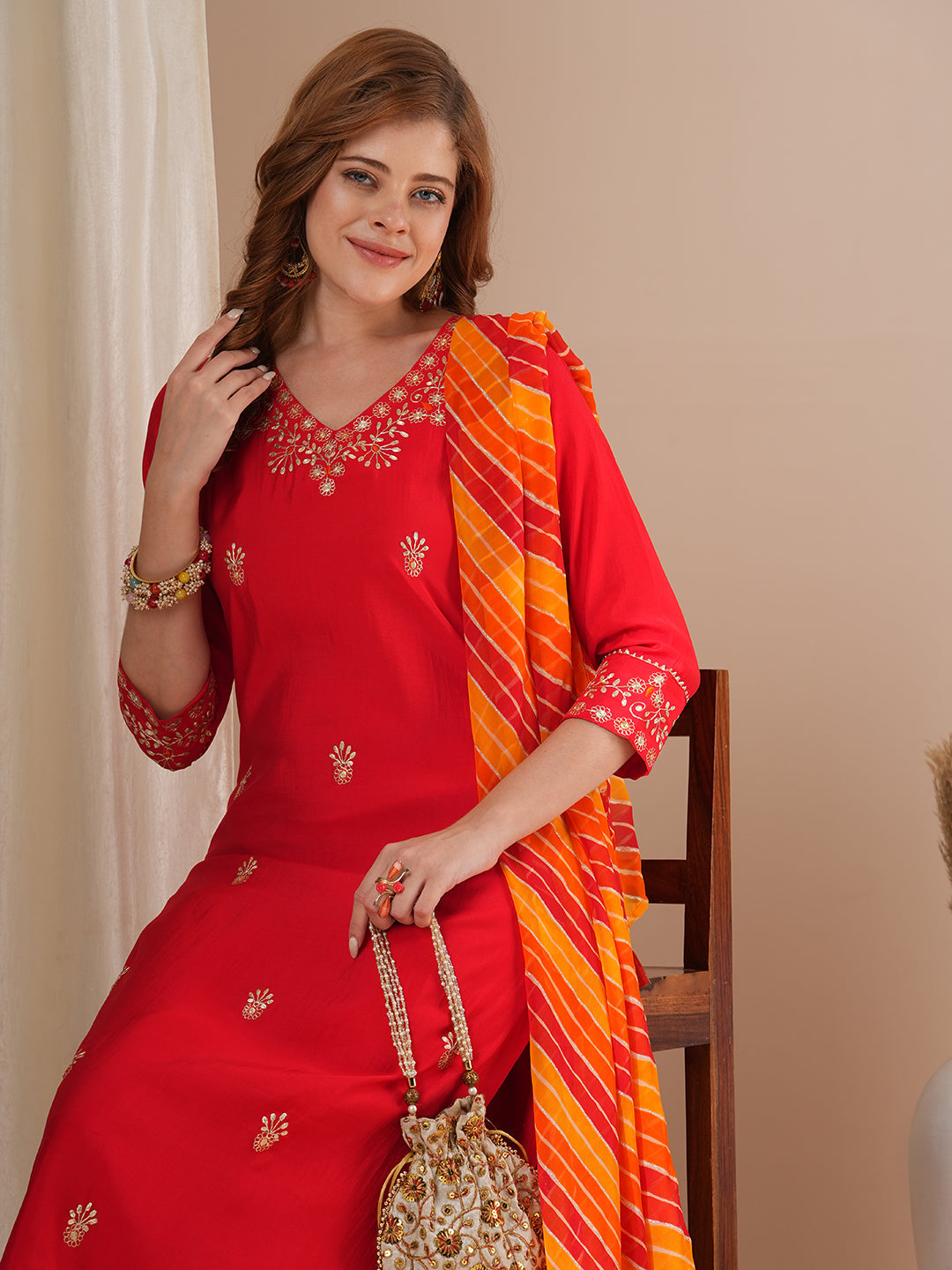 Solid Floral Pitthan Embroidered Straight Kurta with Pant & Leheriya Dupatta - Red