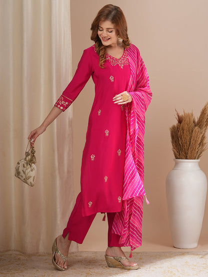 Solid Floral Pitthan Embroidered Straight Kurta with Pant & Leheriya Dupatta - Pink