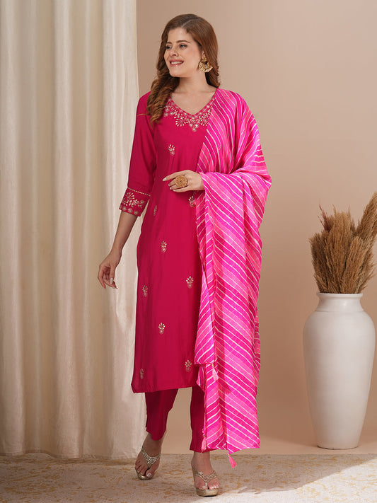 Solid Floral Pitthan Embroidered Straight Kurta with Pant & Leheriya Dupatta - Pink