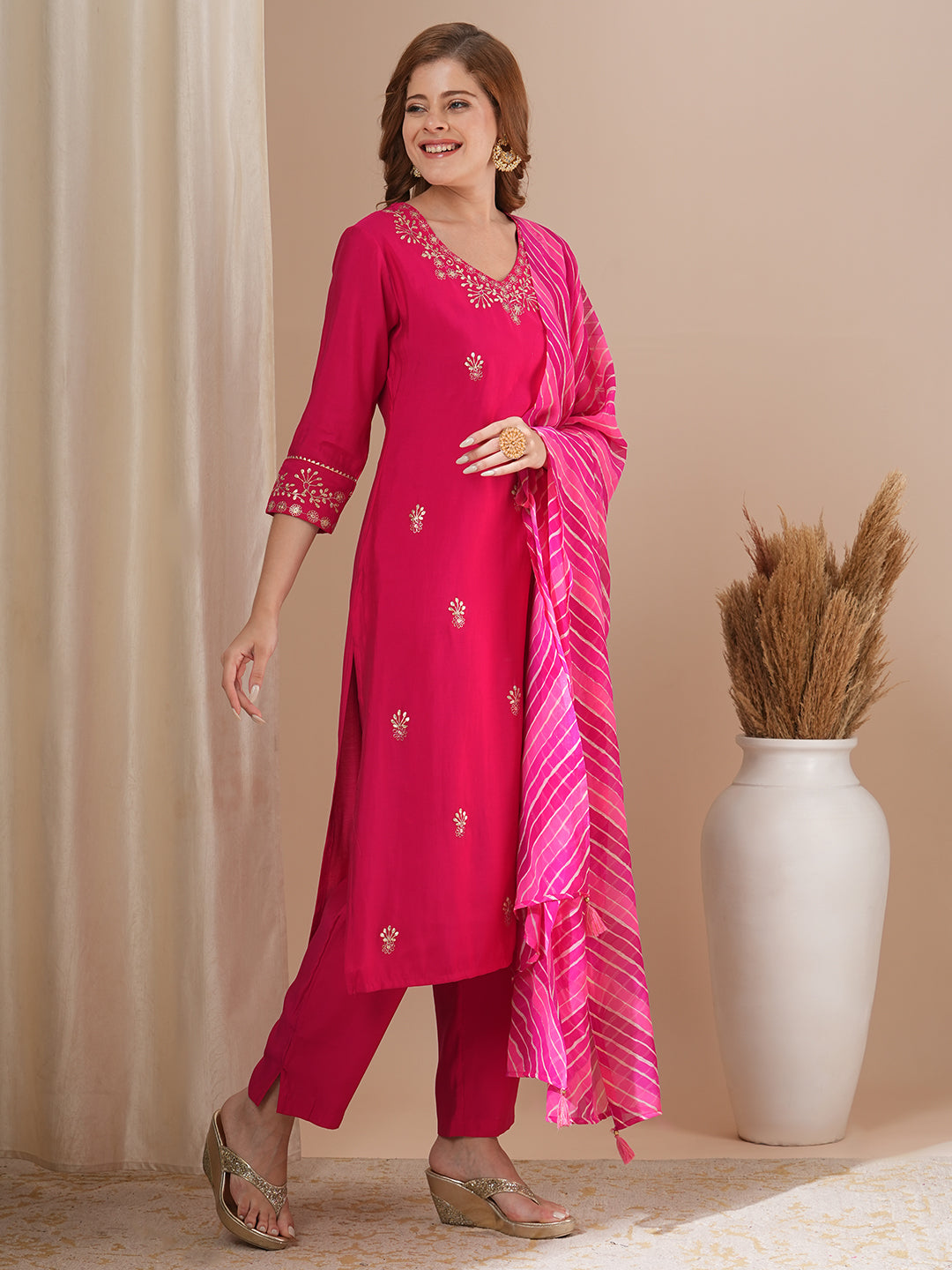 Solid Floral Pitthan Embroidered Straight Kurta with Pant & Leheriya Dupatta - Pink