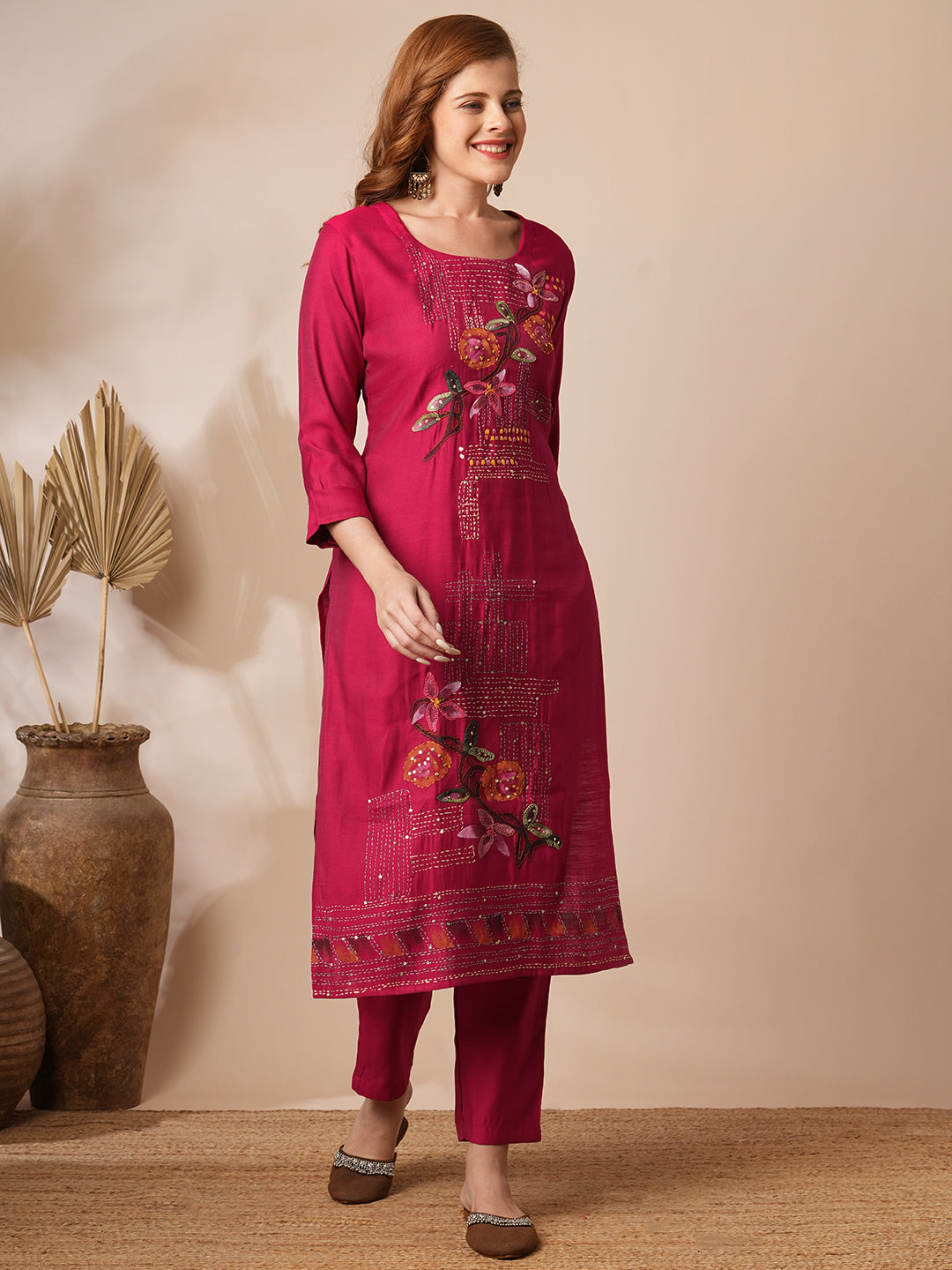 Solid Floral Hand Embroidered Straight Fit Co-ord Set - Magenta