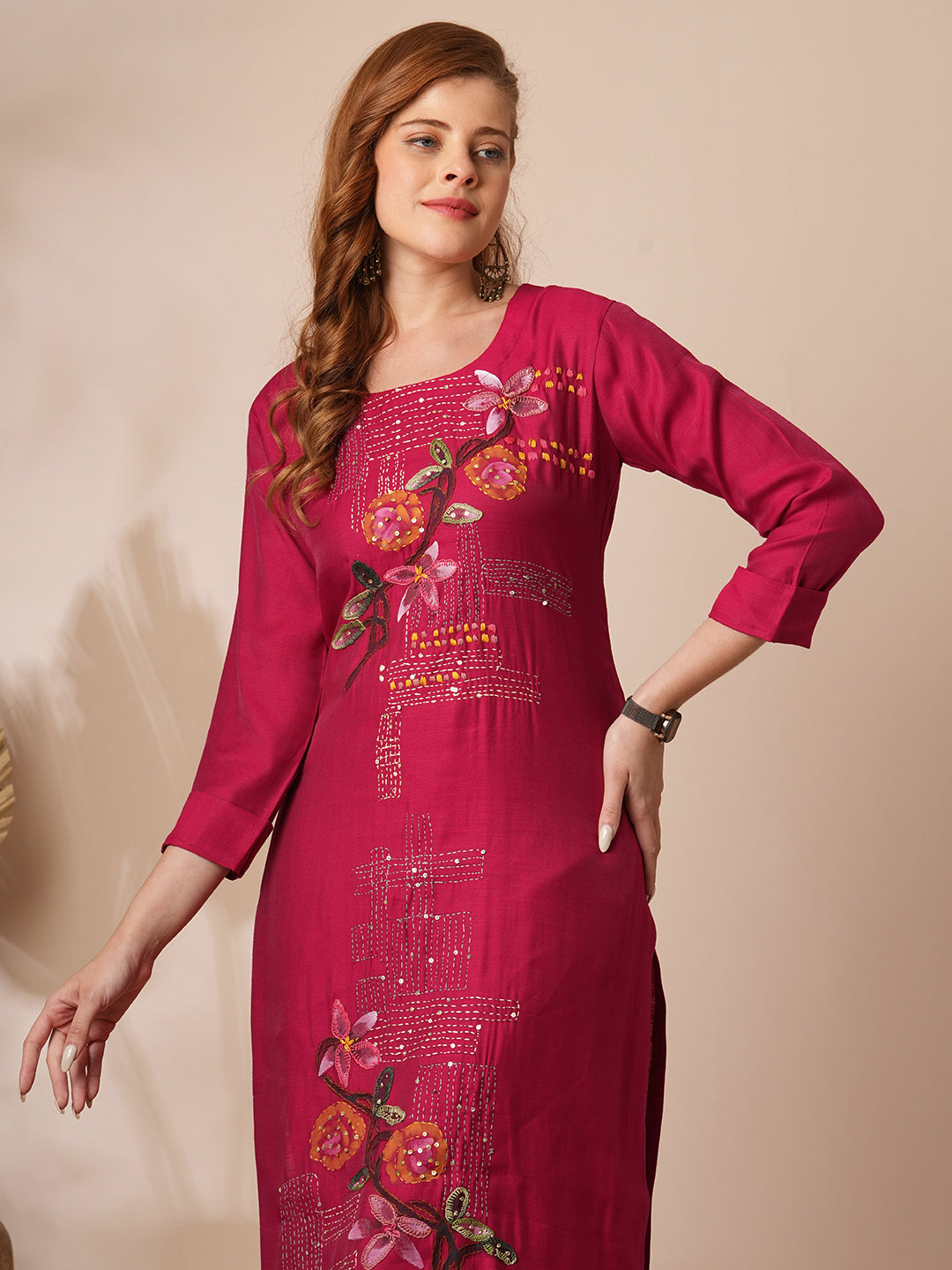 Solid Floral Hand Embroidered Straight Fit Co-ord Set - Magenta