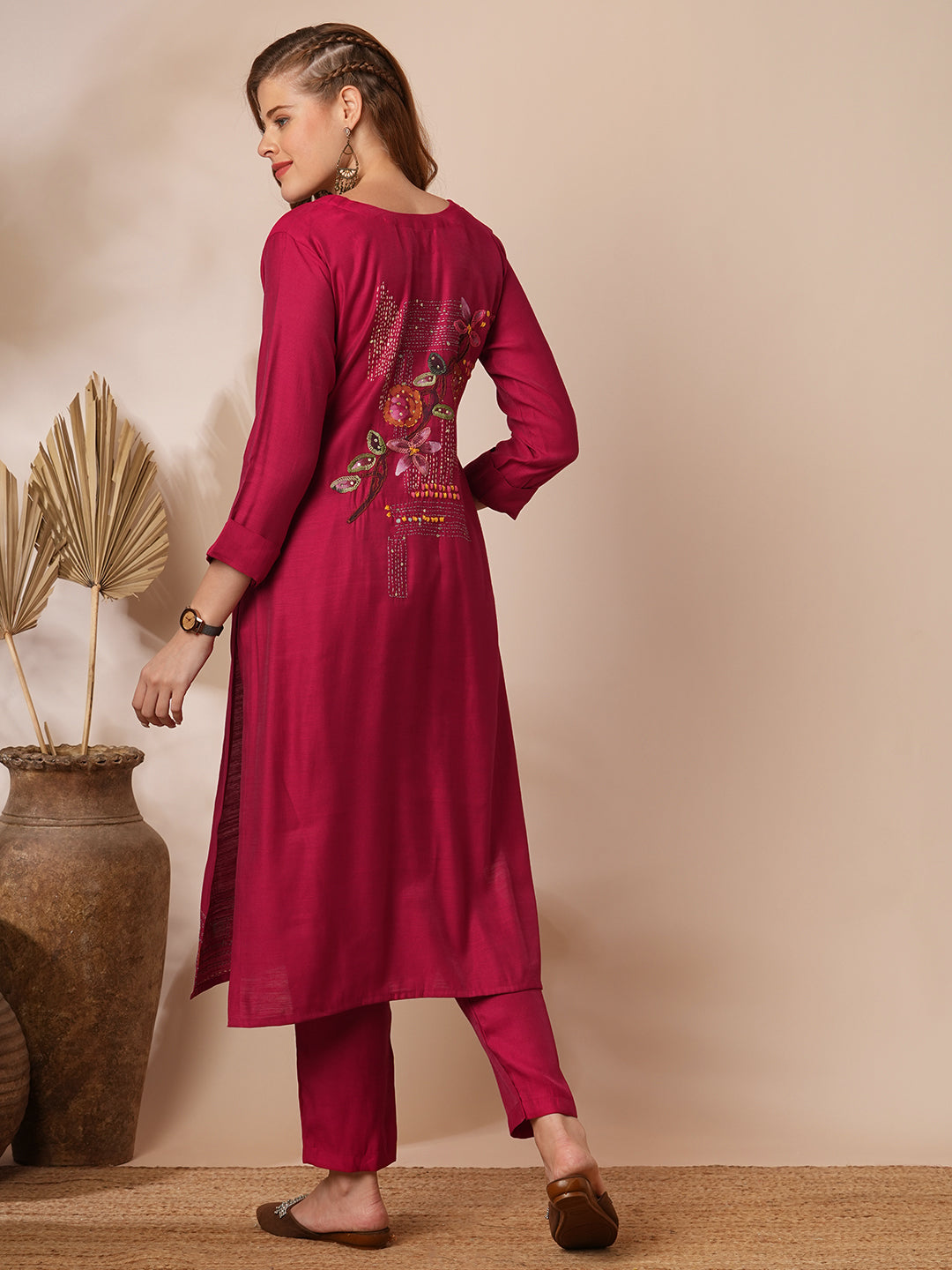 Solid Floral Hand Embroidered Straight Fit Co-ord Set - Magenta