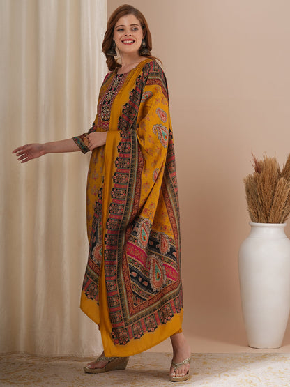 Ethnic Floral Printed & Hand Embroidered Straight Kurta with Pant & Dupatta - Mustard