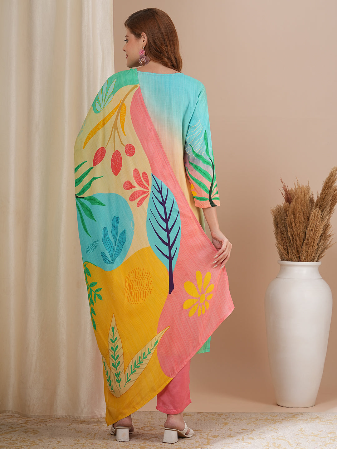 Solid Ombre Printed & Embroidered Straight Kurta with Pant and Dupatta - Multi