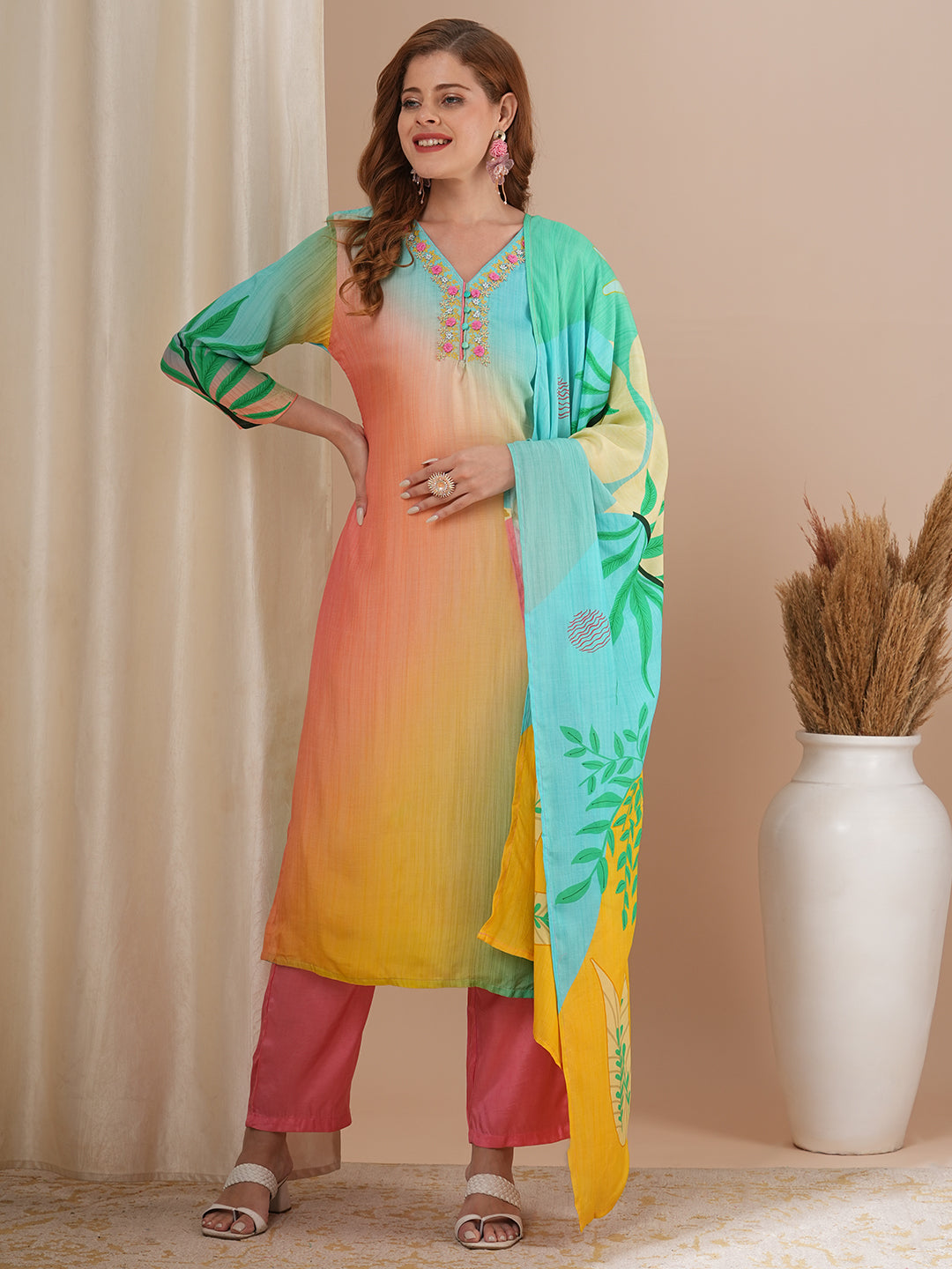 Solid Ombre Printed & Embroidered Straight Kurta with Pant and Dupatta - Multi