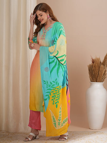 Solid Ombre Printed & Embroidered Straight Kurta with Pant and Dupatta - Multi