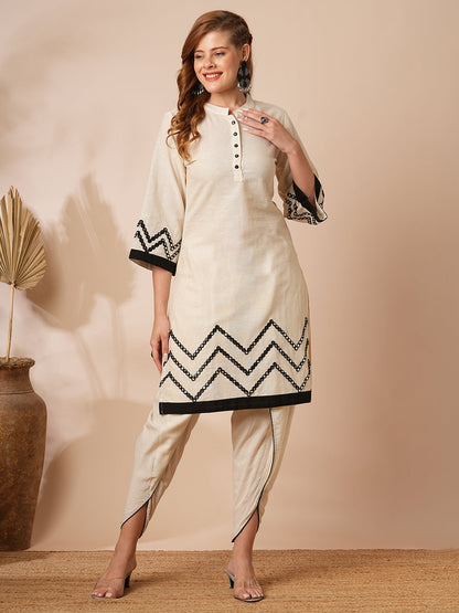 Solid Mirror Embroidered Straight Fit Kurta with Dhoti Co-ord Set - Off White