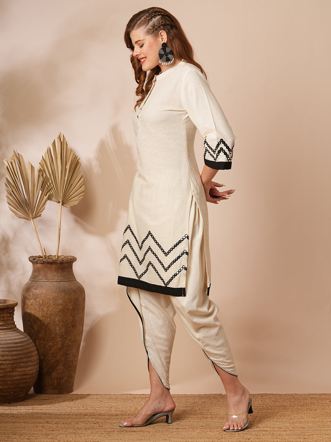 Solid Mirror Embroidered Straight Fit Kurta with Dhoti Co-ord Set - Off White