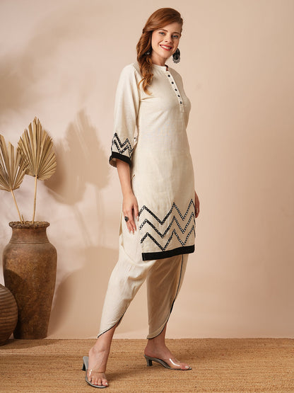 Solid Mirror Embroidered Straight Fit Kurta with Dhoti Co-ord Set - Off White