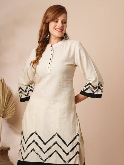 Solid Mirror Embroidered Straight Fit Kurta with Dhoti Co-ord Set - Off White