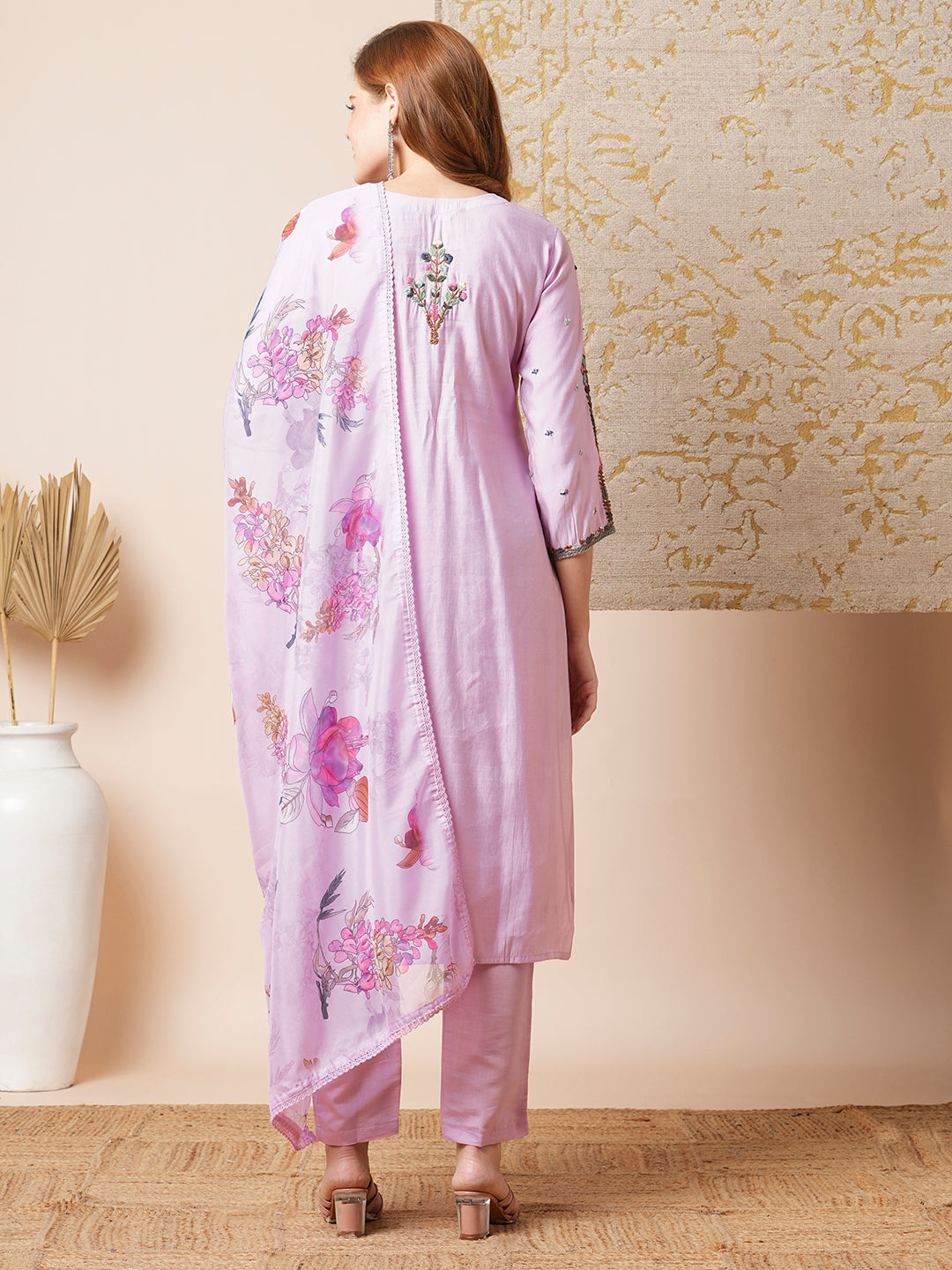 Solid Floral Hand Embroidered Straight Fit Kurta with Pant and Dupatta - Purple