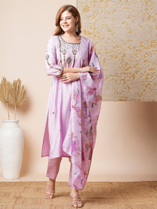 Solid Floral Hand Embroidered Straight Fit Kurta with Pant and Dupatta - Purple