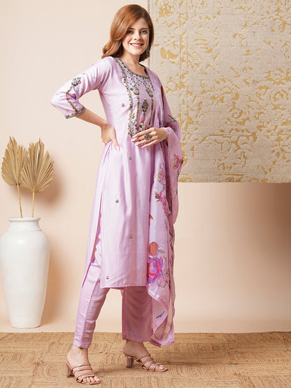 Solid Floral Hand Embroidered Straight Fit Kurta with Pant and Dupatta - Purple