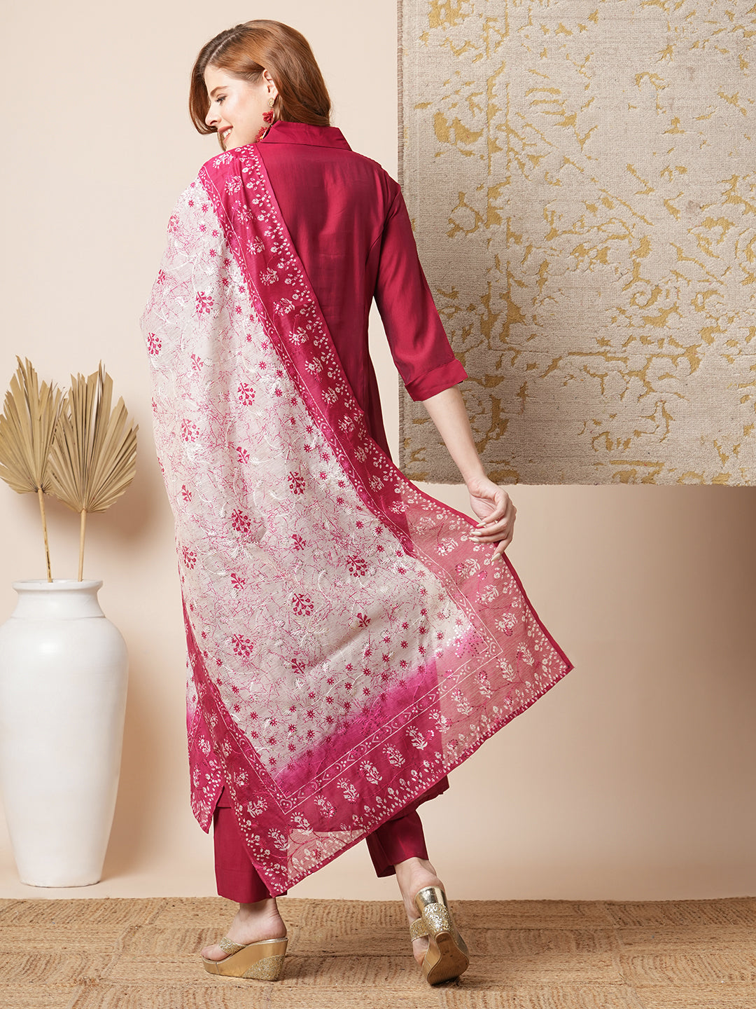 Solid Pin Tucked A-Line Paneled Kurta with Pant & Printed Dupatta - Maroon