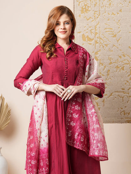 Solid Pin Tucked A-Line Paneled Kurta with Pant & Printed Dupatta - Maroon