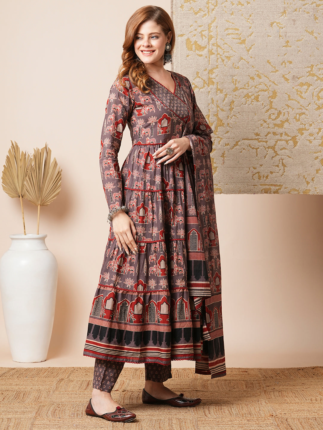 Ethnic Printed Embroidered A-Line Tiered Flared Kurta with Pant and Dupatta - Grey