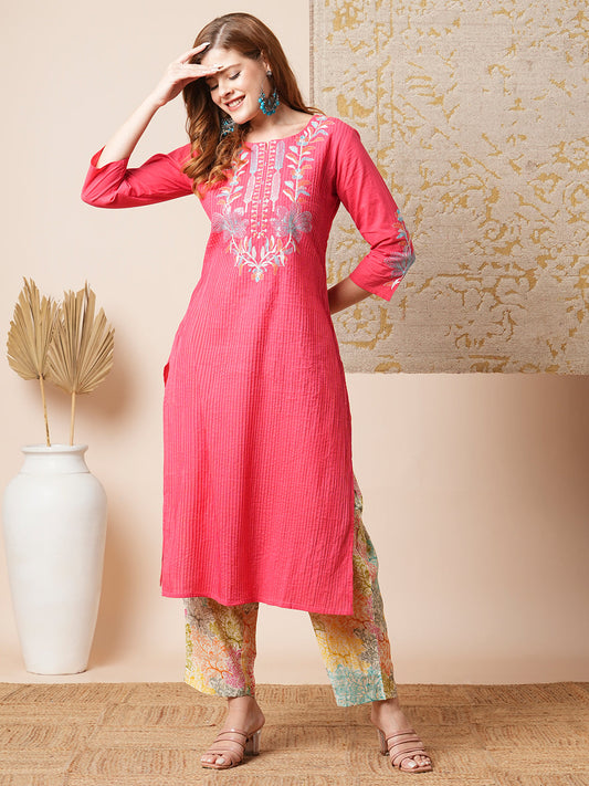 Solid Floral Embroidered Straight Kurta with Printed Pant - Pink