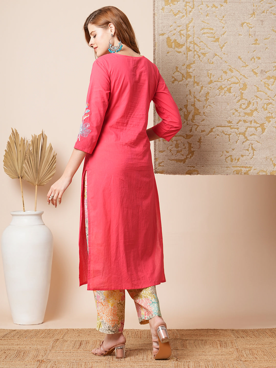 Solid Floral Embroidered Straight Kurta with Printed Pant - Pink