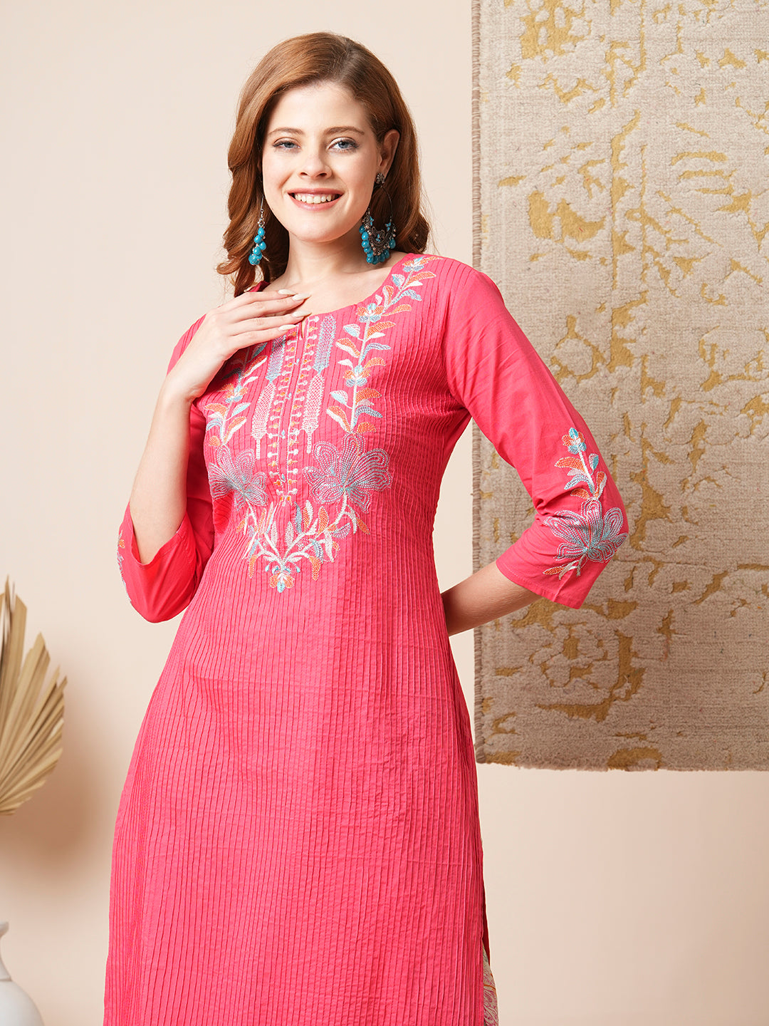 Solid Floral Embroidered Straight Kurta with Printed Pant - Pink