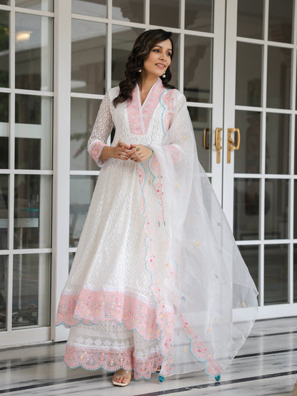 Solid Resham Embroidered Lace Fabric Anarkali Kurta with Sharara & Dupatta - White