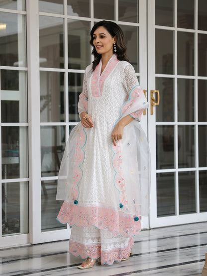 Solid Resham Embroidered Lace Fabric Anarkali Kurta with Sharara & Dupatta - White