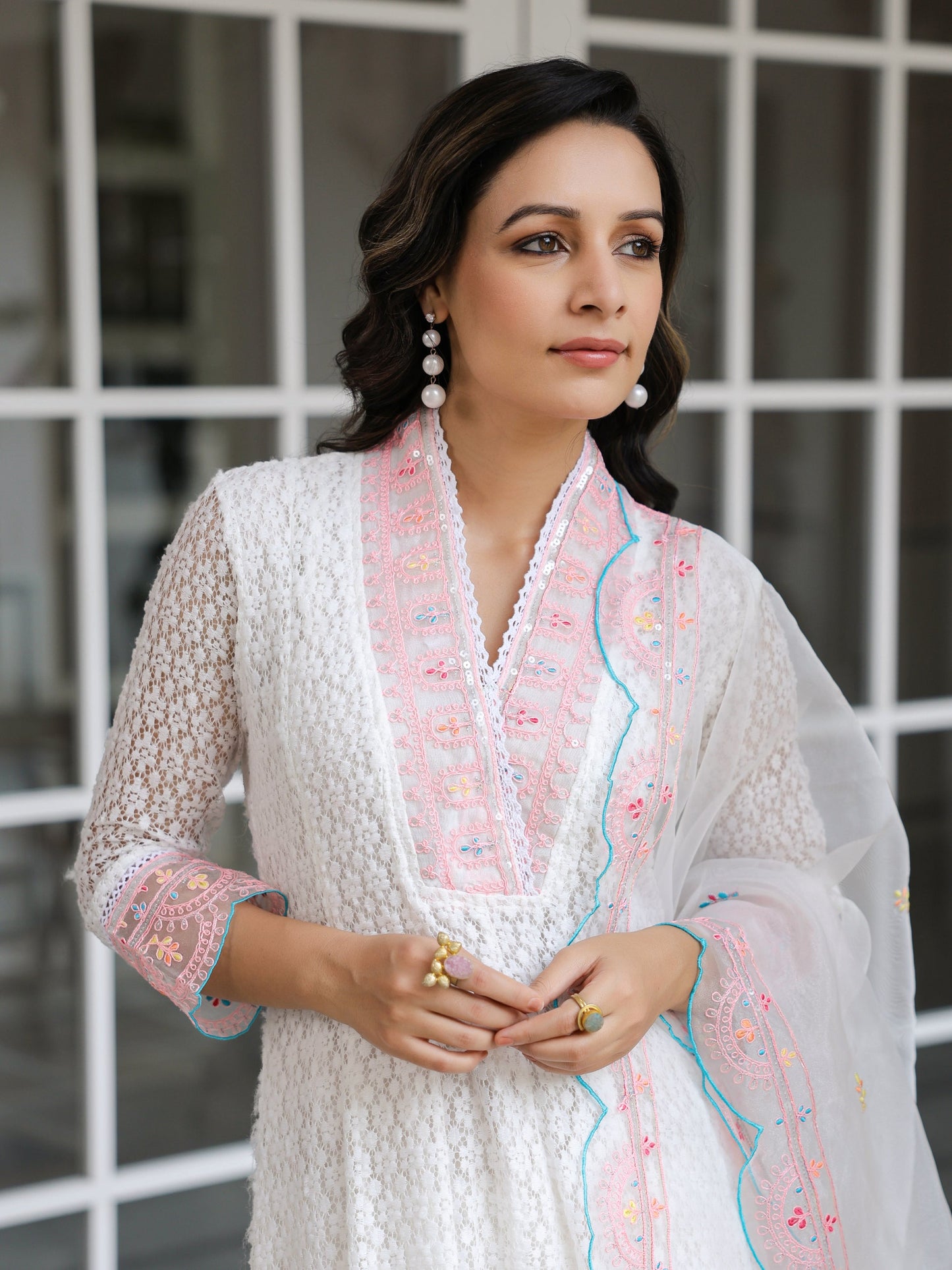 Solid Resham Embroidered Lace Fabric Anarkali Kurta with Sharara & Dupatta - White