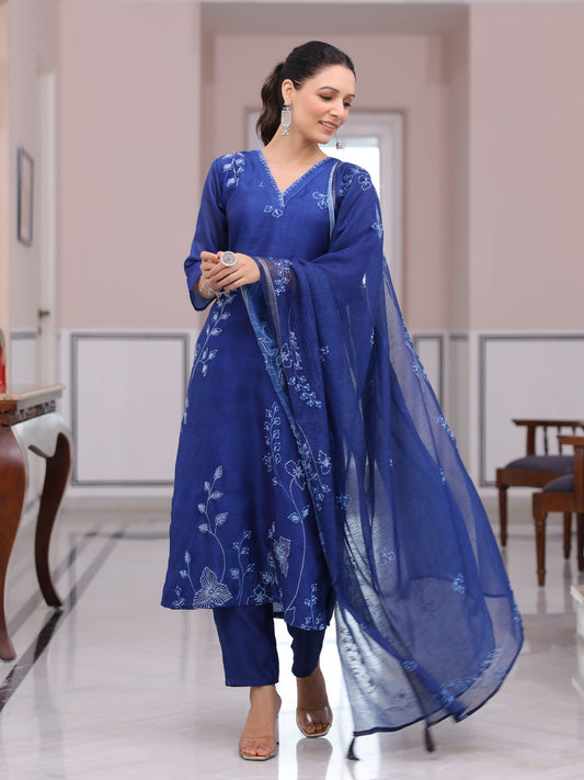 Solid Floral Printed & Embroidered Straight Kurta with Pant & Dupatta - Blue