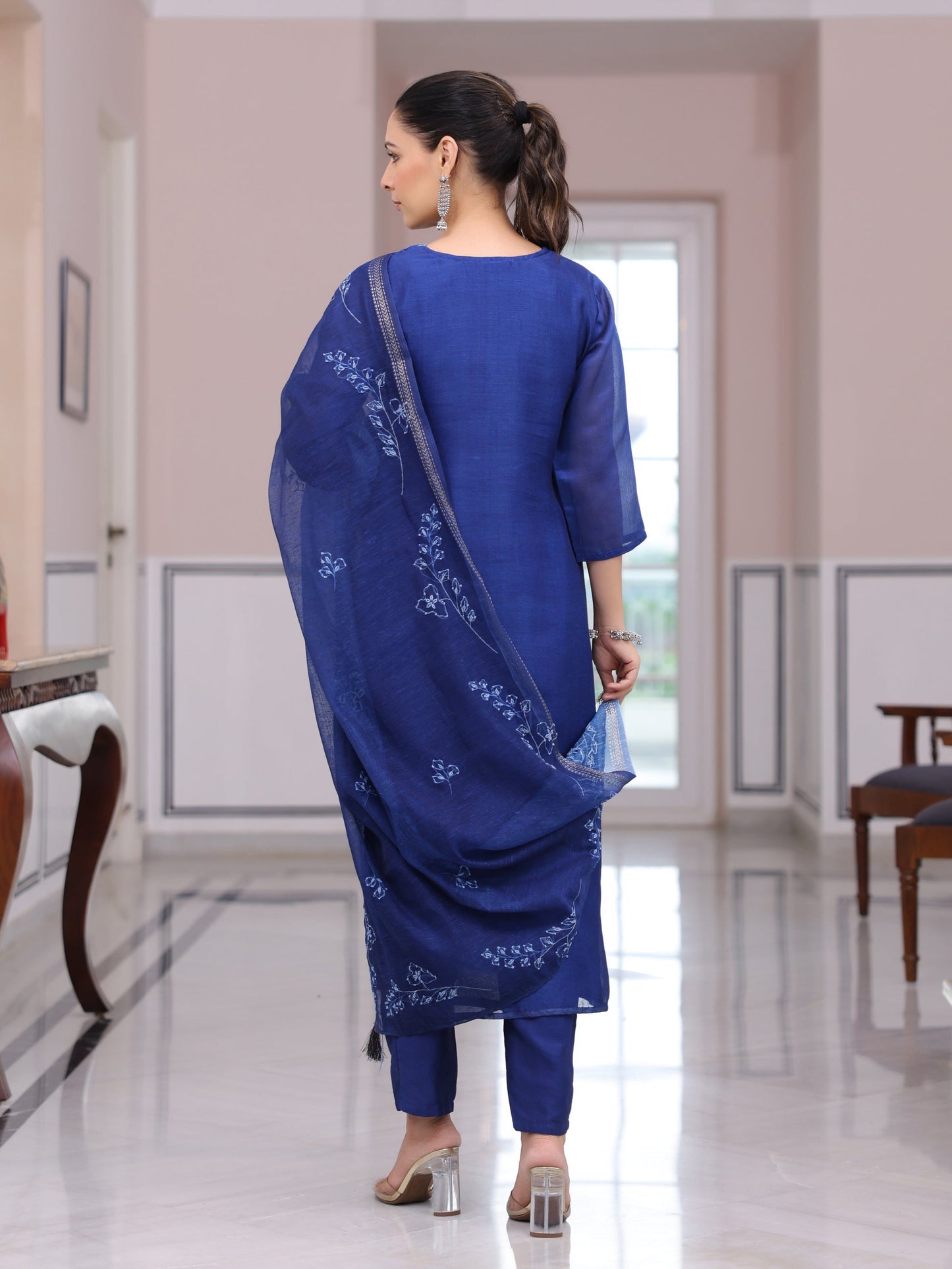 Solid Floral Printed & Embroidered Straight Kurta with Pant & Dupatta - Blue