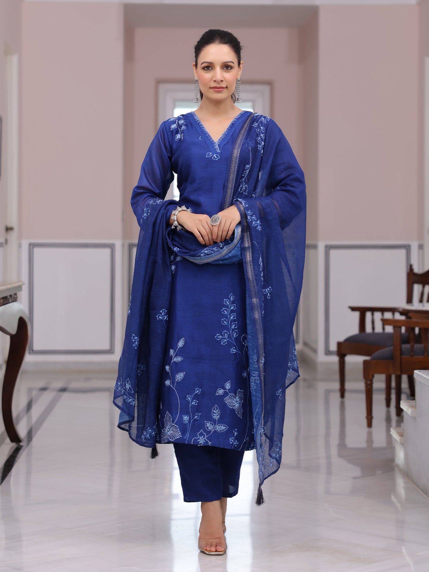 Solid Floral Printed & Embroidered Straight Kurta with Pant & Dupatta - Blue