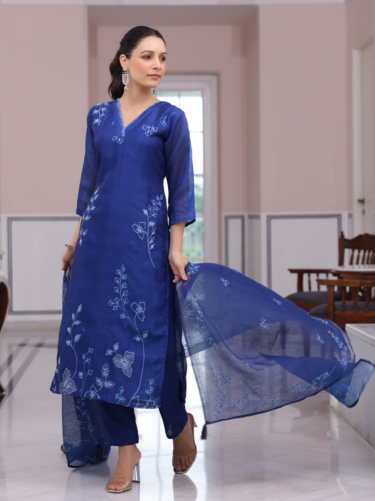 Solid Floral Printed & Embroidered Straight Kurta with Pant & Dupatta - Blue