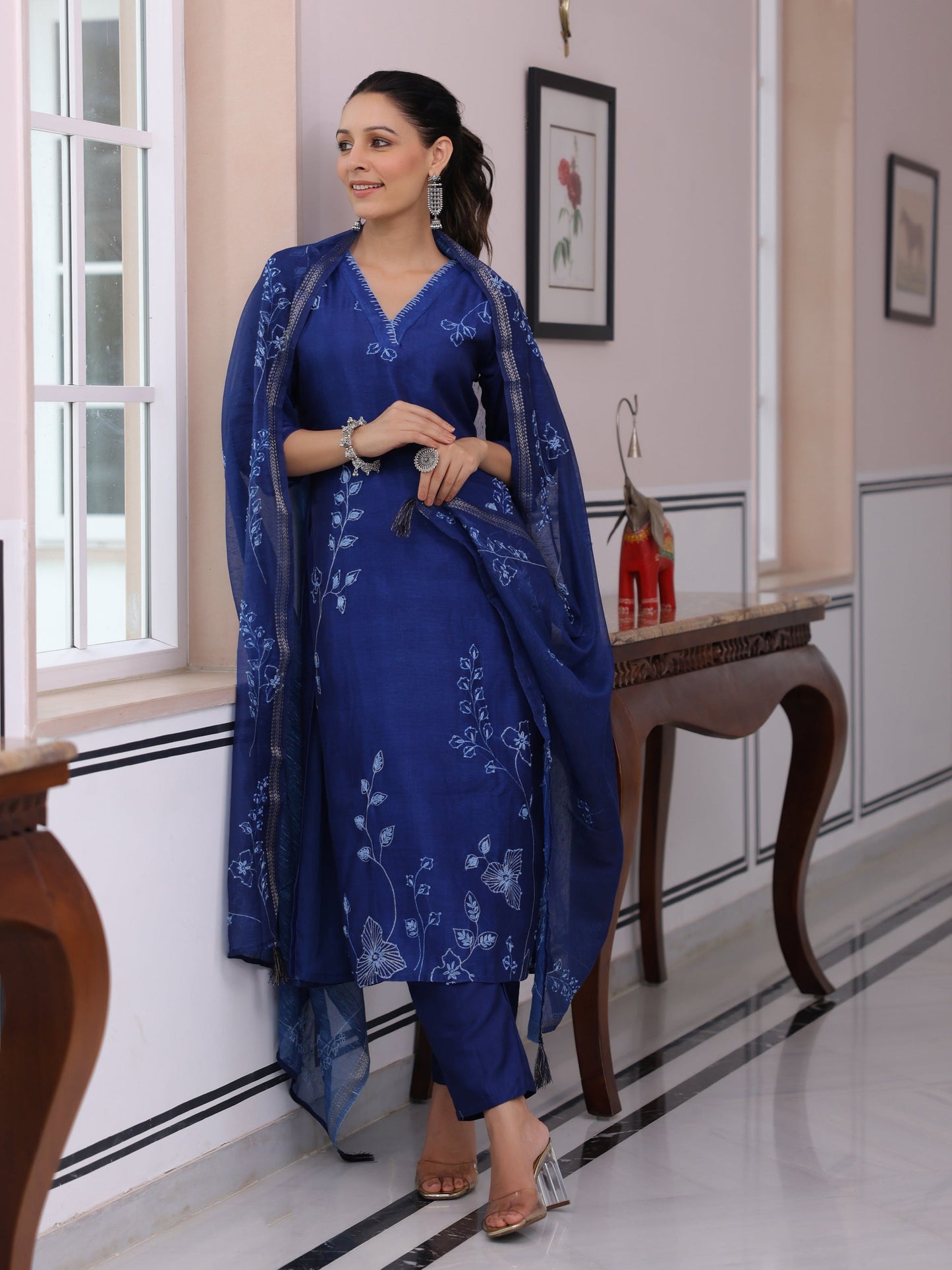 Solid Floral Printed & Embroidered Straight Kurta with Pant & Dupatta - Blue