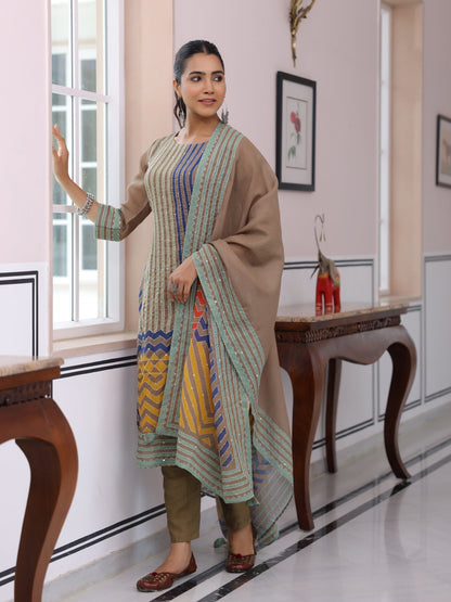 Geometric Printed Straight Fit Kurta with Pant & Dupatta - Mustard Green