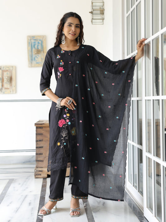 Solid Floral Embroidered Straight Kurta with Pant & Pure Cotton Dupatta - Black