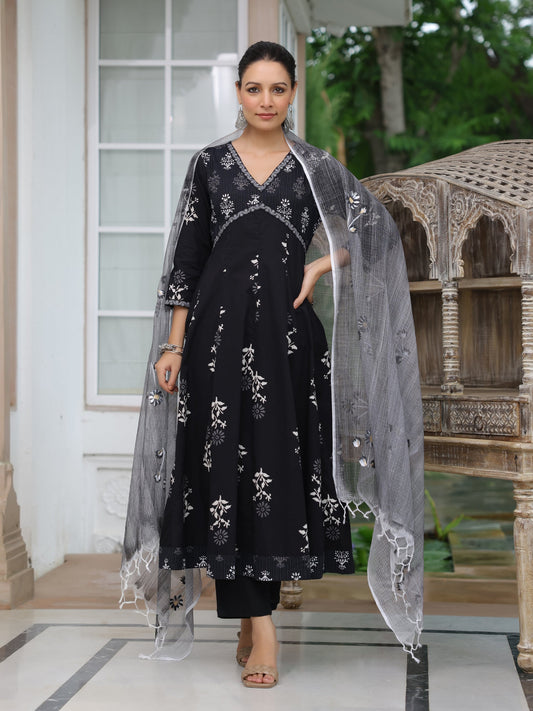 Ethnic Printed Anarkali Kurta with Pant & Hand Painted Dupatta - Black