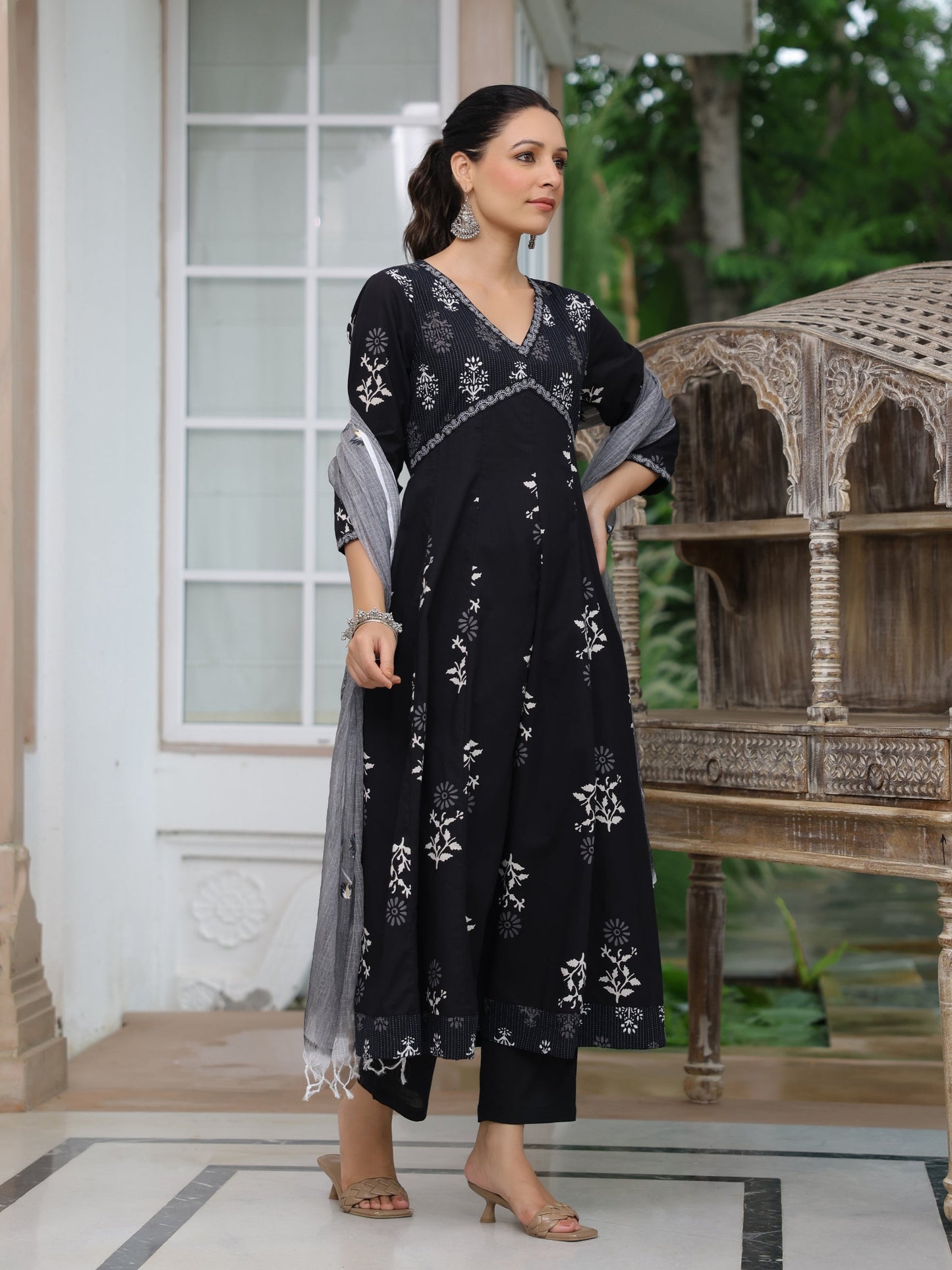 Ethnic Printed Anarkali Kurta with Pant & Hand Painted Dupatta - Black