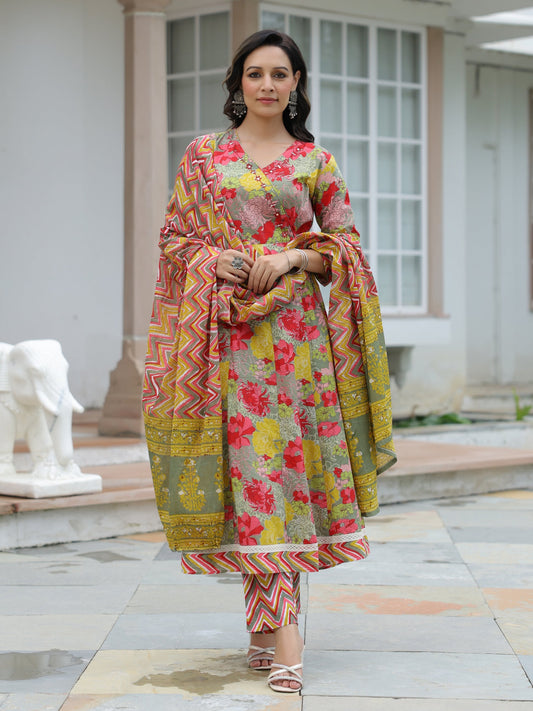 Floral Printed & Embroidered Anarkali Kurta with Pant & Pure Cotton Dupatta - Multi