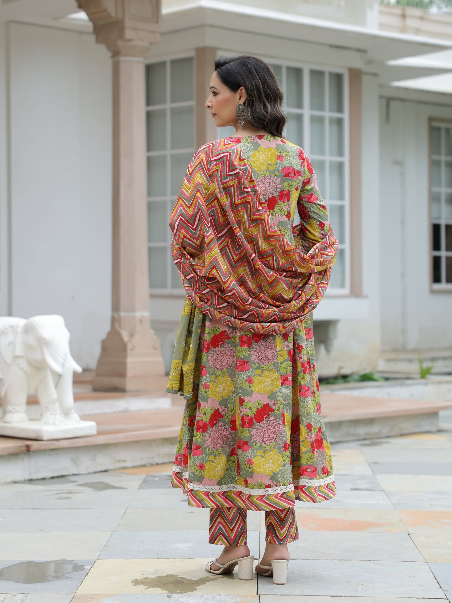 Floral Printed & Embroidered Anarkali Kurta with Pant & Pure Cotton Dupatta - Multi