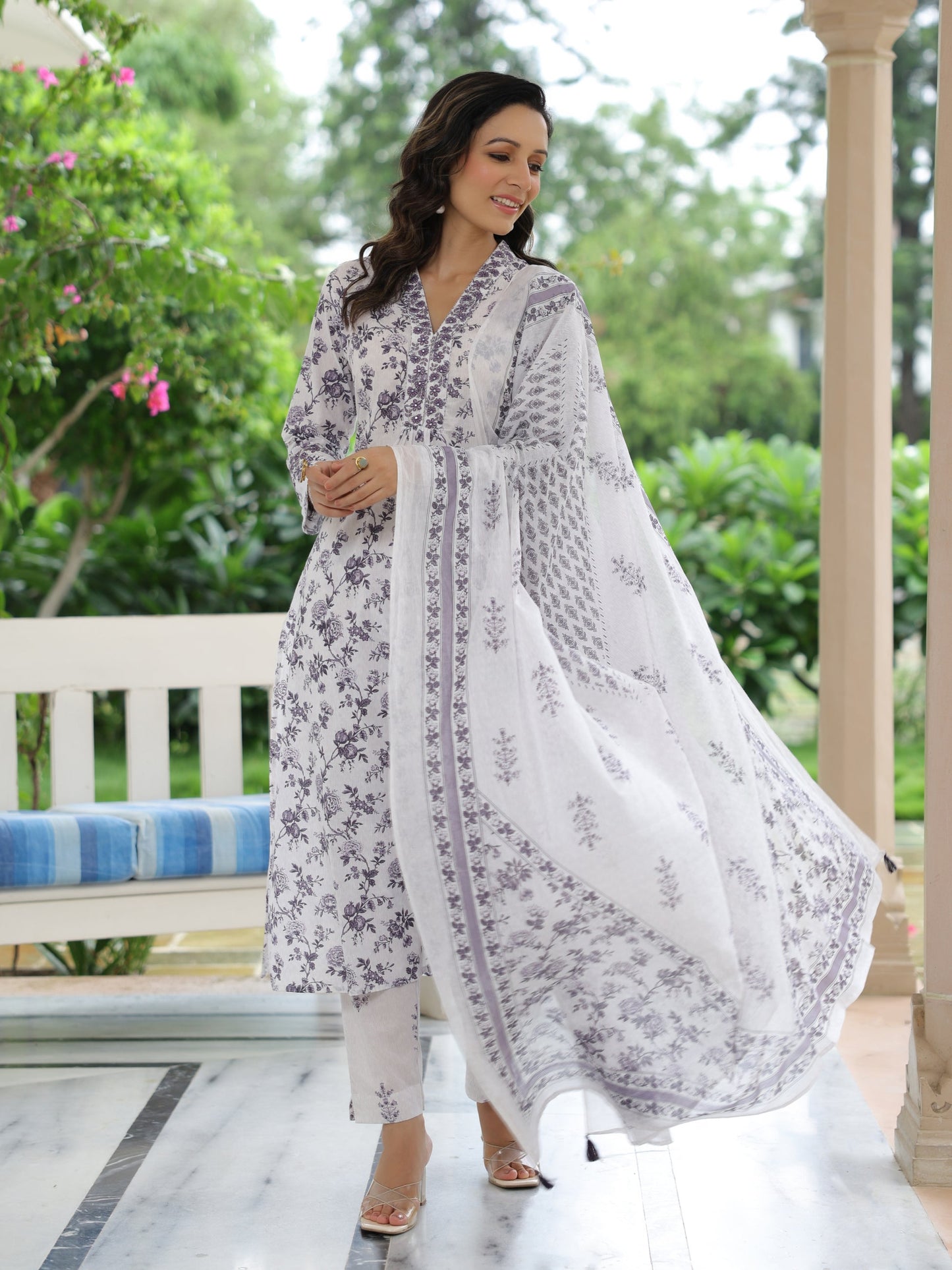 Floral Printed & Embroidered A-Line Kurta with Pant & Dupatta - Off White