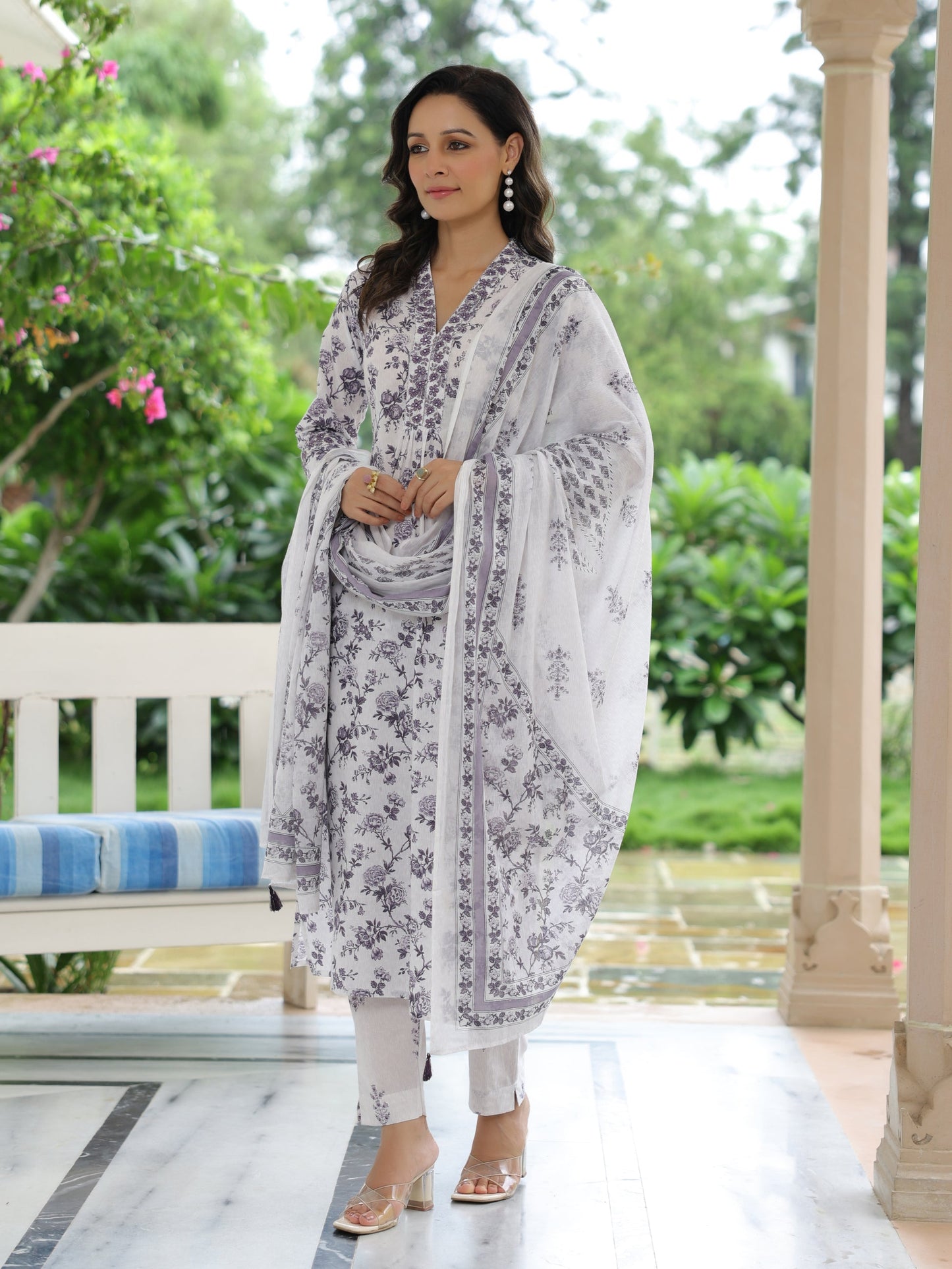 Floral Printed & Embroidered A-Line Kurta with Pant & Dupatta - Off White