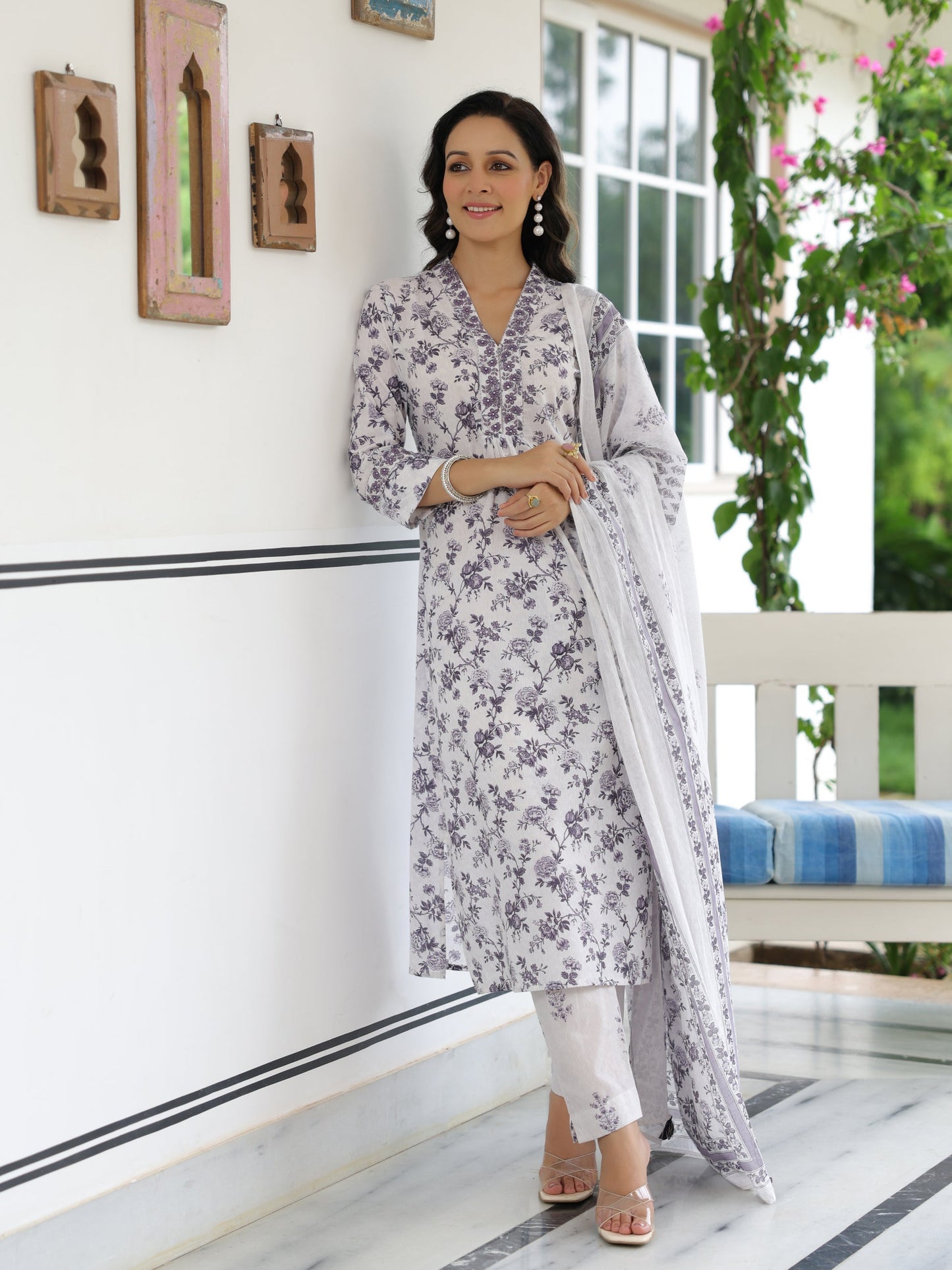 Floral Printed & Embroidered A-Line Kurta with Pant & Dupatta - Off White