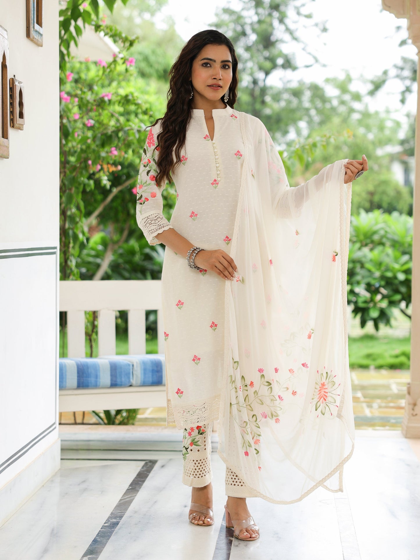 Solid Resham Embroidered Kurta with Schiffili Pants & Hand Painted Dupatta - Off White