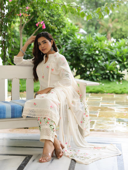 Solid Resham Embroidered Kurta with Schiffili Pants & Hand Painted Dupatta - Off White