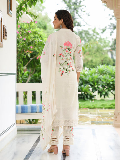 Solid Resham Embroidered Kurta with Schiffili Pants & Hand Painted Dupatta - Off White