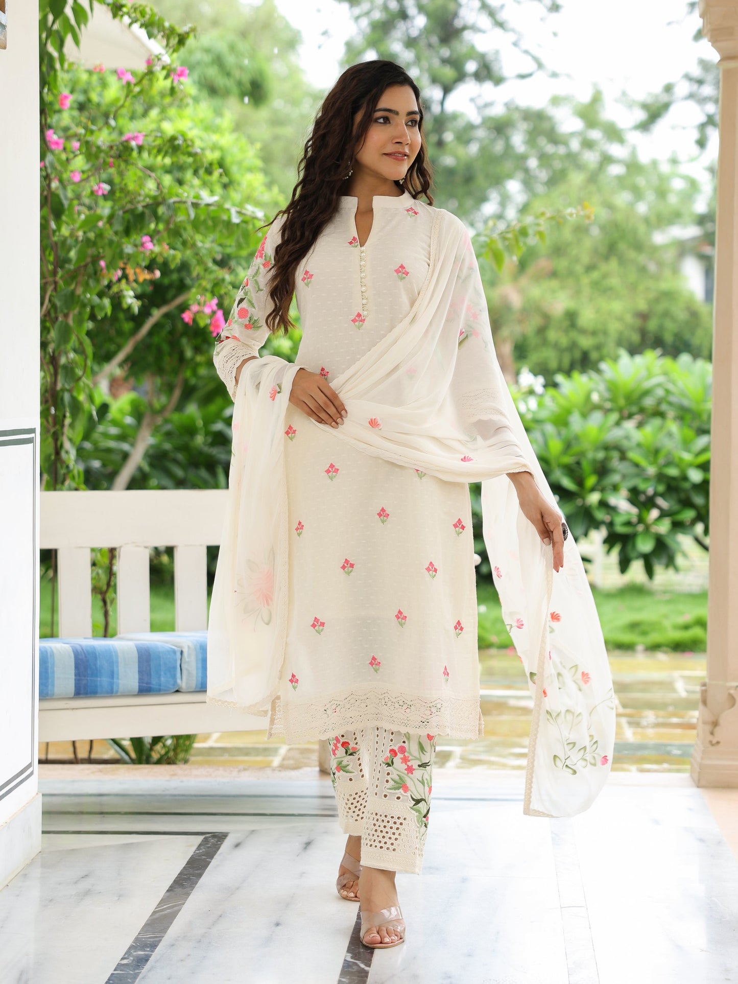 Solid Resham Embroidered Kurta with Schiffili Pants & Hand Painted Dupatta - Off White