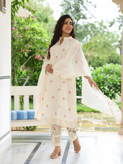 Solid Resham Embroidered Kurta with Schiffili Pants & Hand Painted Dupatta - Off White